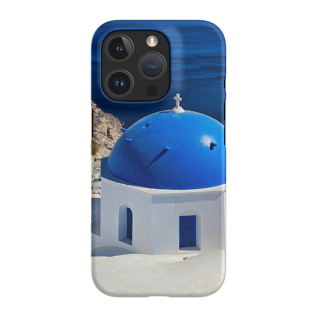 Blue Domes of Oia Santorini cell phone case with vibrant blue and white sunset design, by Sam Gilliss Visual Arts.