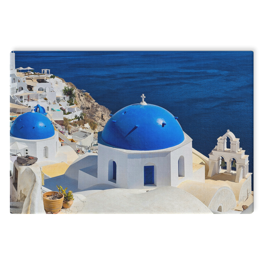 Santorini Blue Domes canvas wall art by Sam Gilliss Visual Arts showing iconic Oia, Greece with vibrant blue sky and coastal scenery.