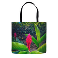 Hawaiian Red Torch Ginger tote bag by Sam Gilliss Visual Arts, double-stitched cotton with vibrant tropical floral print.