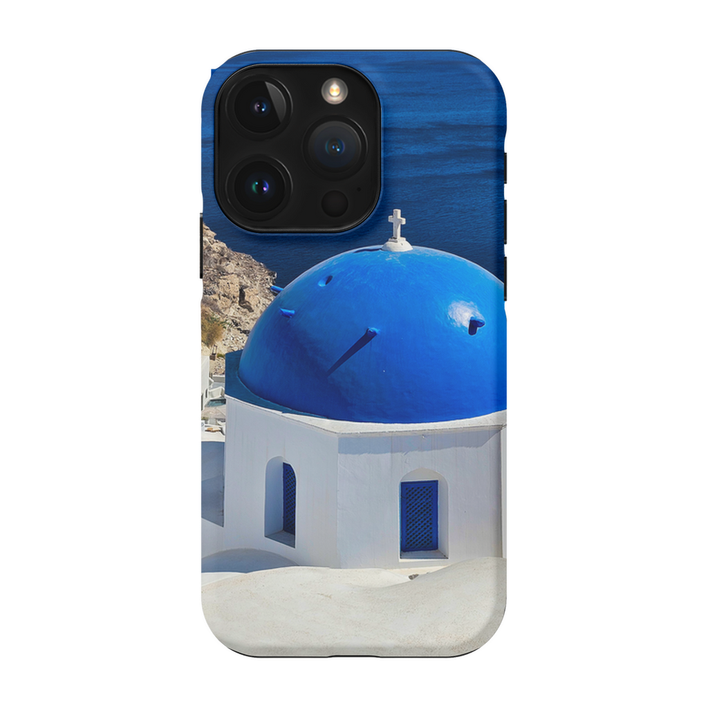 Blue Domes of Oia Santorini cell phone case featuring iconic Greek architecture, designed by Sam Gilliss Visual Arts.