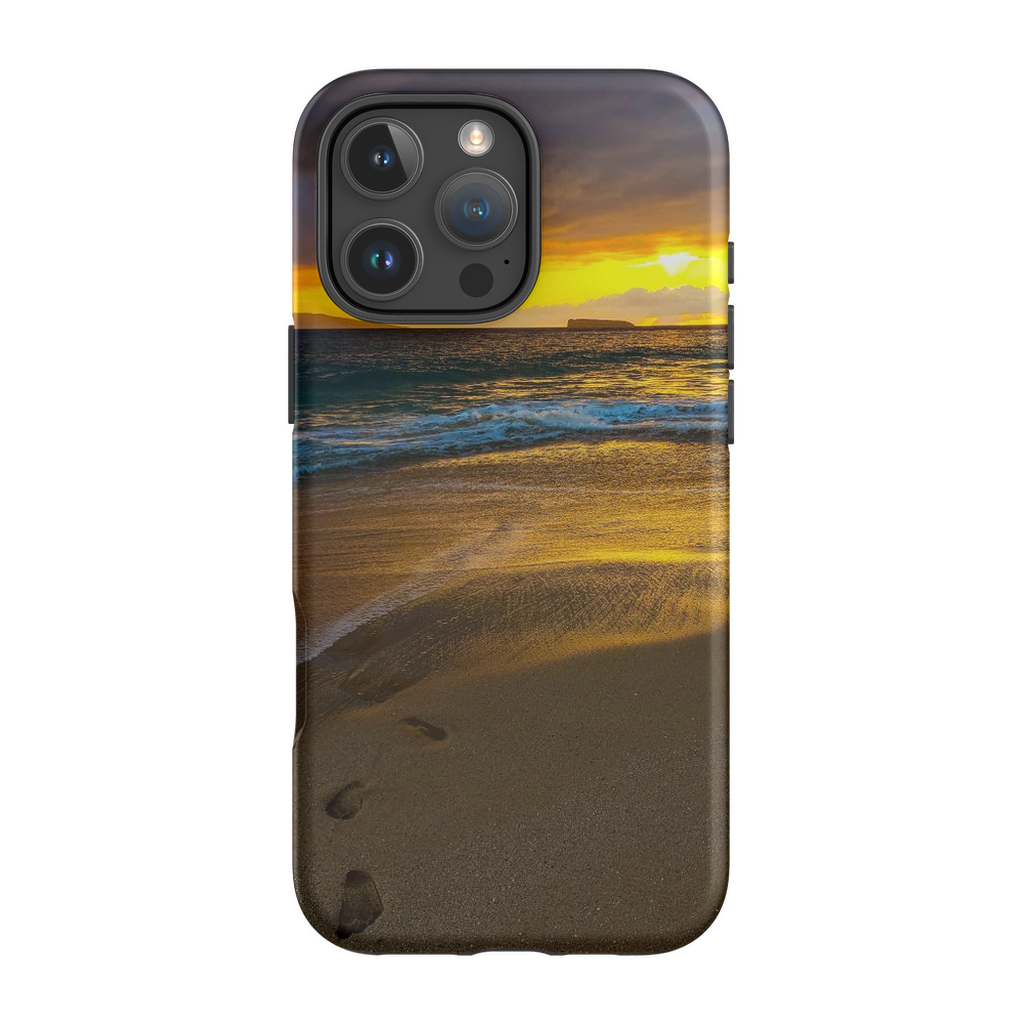 Hawaii-themed cell phone case featuring Sam Gilliss' Stormy Sunset at Makena Beach, Maui with vibrant sunset and ocean scene.