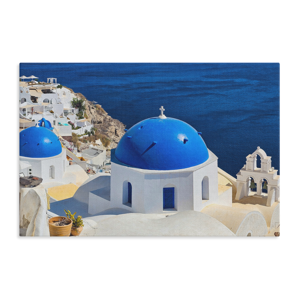 Santorini Blue Domes canvas wall art by Sam Gilliss Visual Arts showing the iconic Oia, Greece coastal scene.