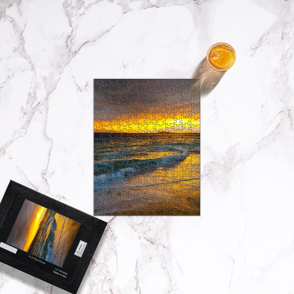 Makena Beach Sunset Puzzle by Sam Gilliss, featuring Molokini Crater after a storm, a 1000-piece Hawaiian coastal art puzzle.