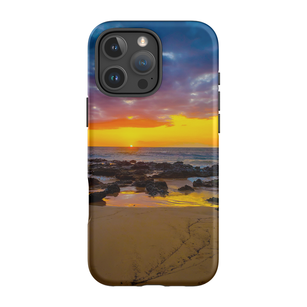 Sam Gilliss Visual Arts Maui Sunset cell phone case featuring Hawaiian islands and golden hour sunset design.