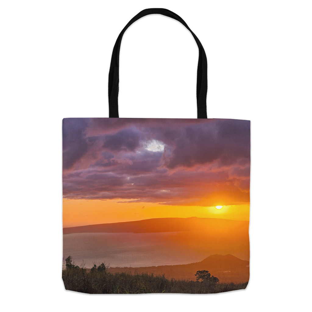 Hawaiian Paradise tote bag featuring Keokea Sunset Over the Ocean artwork by Sam Gilliss, with vibrant ocean and sunset scene.