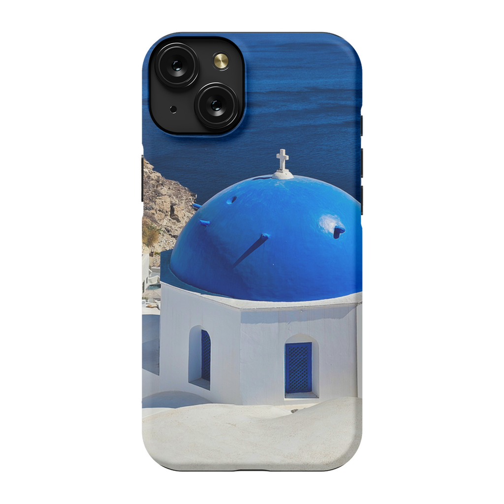 Blue domes of Oia Santorini on a Sam Gilliss Visual Arts cell phone case, showcasing vibrant Greek architecture design.