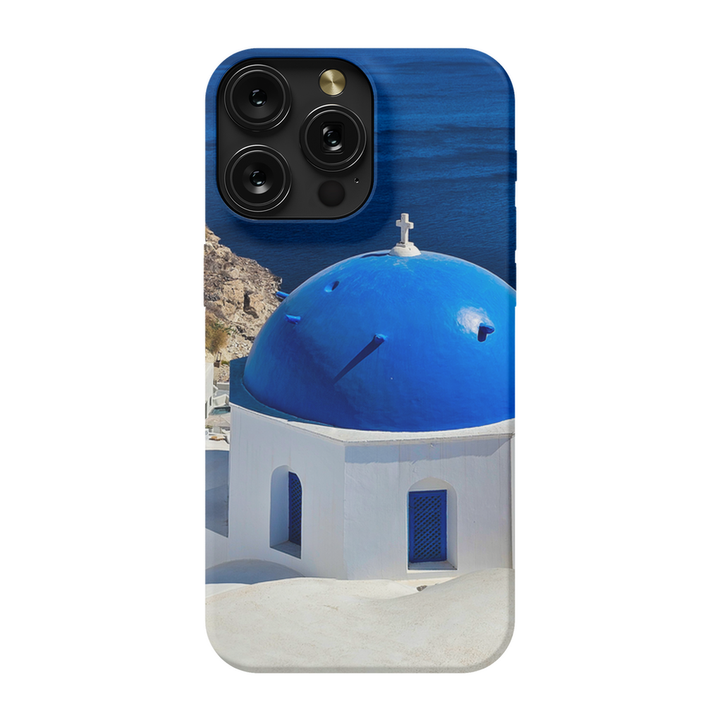 Blue Domes of Oia Santorini cell phone case featuring iconic Greek architecture, designed by Sam Gilliss Visual Arts.