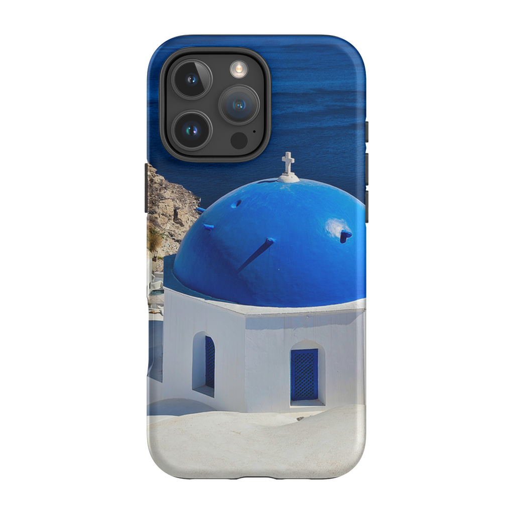 Blue domes of Oia Santorini cell phone case featuring iconic Greek scenery, designed by Sam Gilliss Visual Arts.