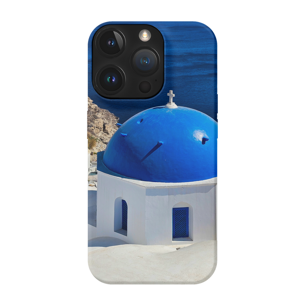 Blue Domes of Oia Santorini cell phone case featuring vibrant Greek island architecture, designed by Sam Gilliss Visual Arts.