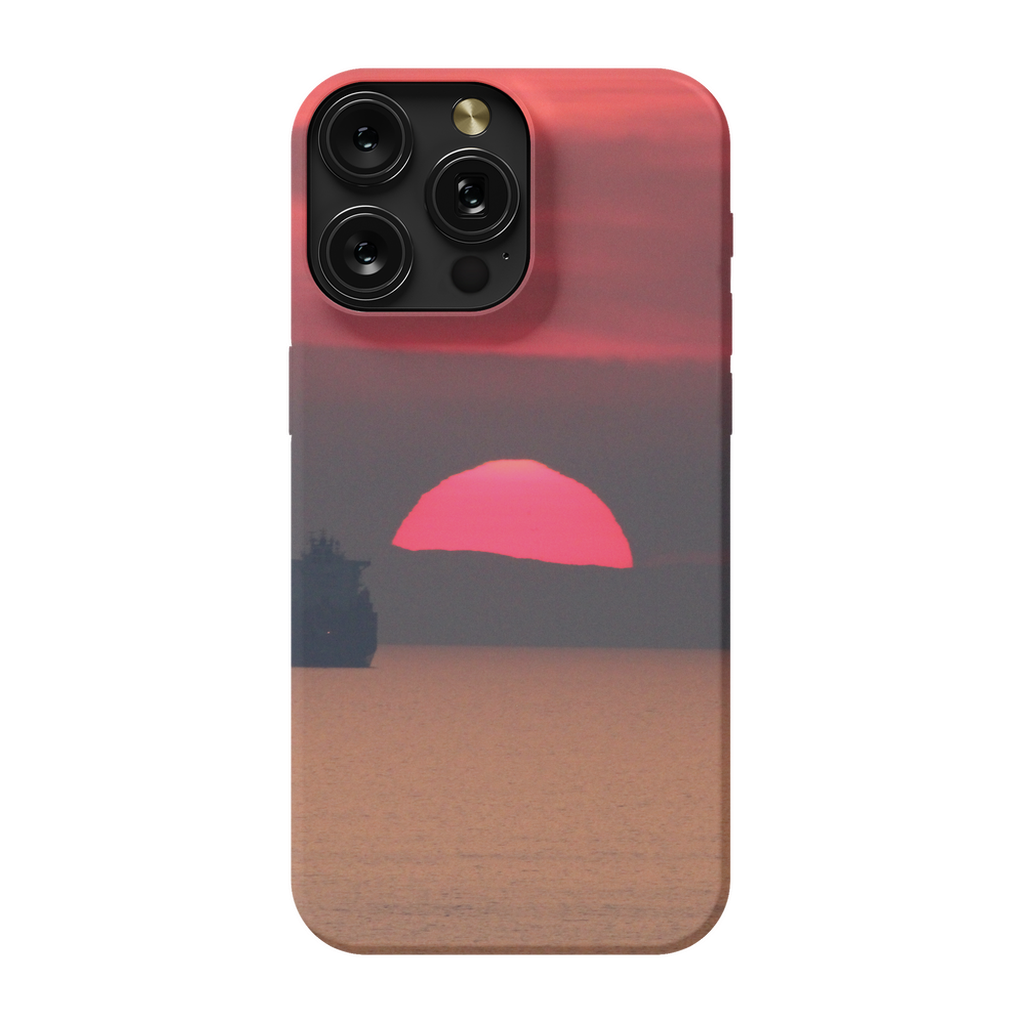 Sam Gilliss Visual Arts phone case featuring a sunset over Corsica's Mediterranean coast with vibrant, scenic landscape artwork.