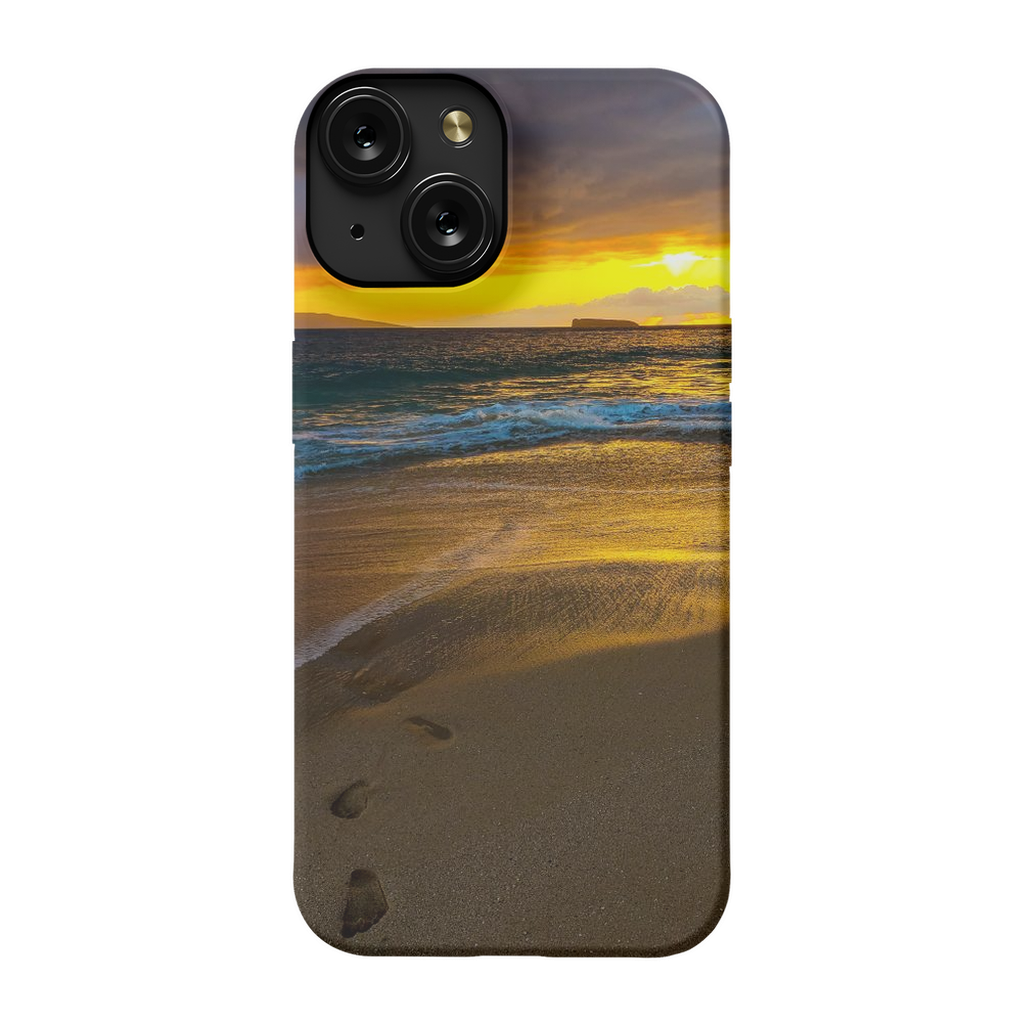 Sam Gilliss Visual Arts Maui phone case featuring a stormy sunset at Makena Beach with vibrant ocean and sky imagery.