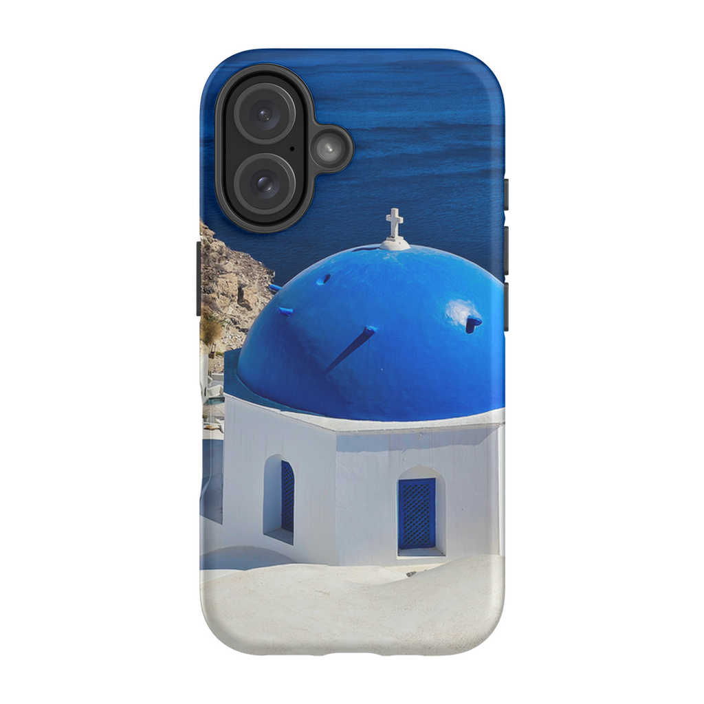 Blue Domes of Oia Santorini cell phone case featuring iconic Greek architecture, designed by Sam Gilliss Visual Arts.