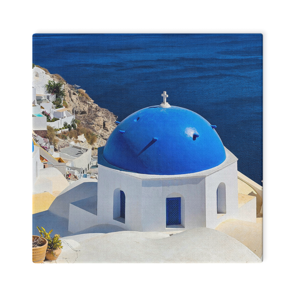 Santorini Blue Domes canvas wall art by Sam Gilliss Visual Arts, featuring Oia, Greece with iconic Mediterranean coastal scenery.