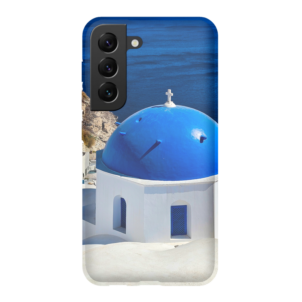 Blue Domes of Oia Santorini cell phone case featuring iconic Greek architecture, designed by Sam Gilliss Visual Arts.