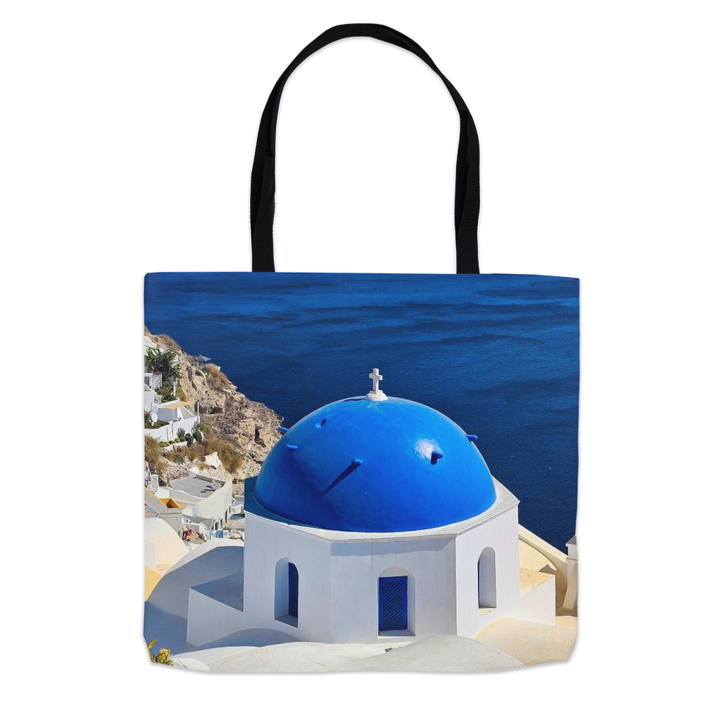 Santorini Blue Domes tote bag by Sam Gilliss Visual Arts featuring a double-stitched cotton design with Oia Greece print.