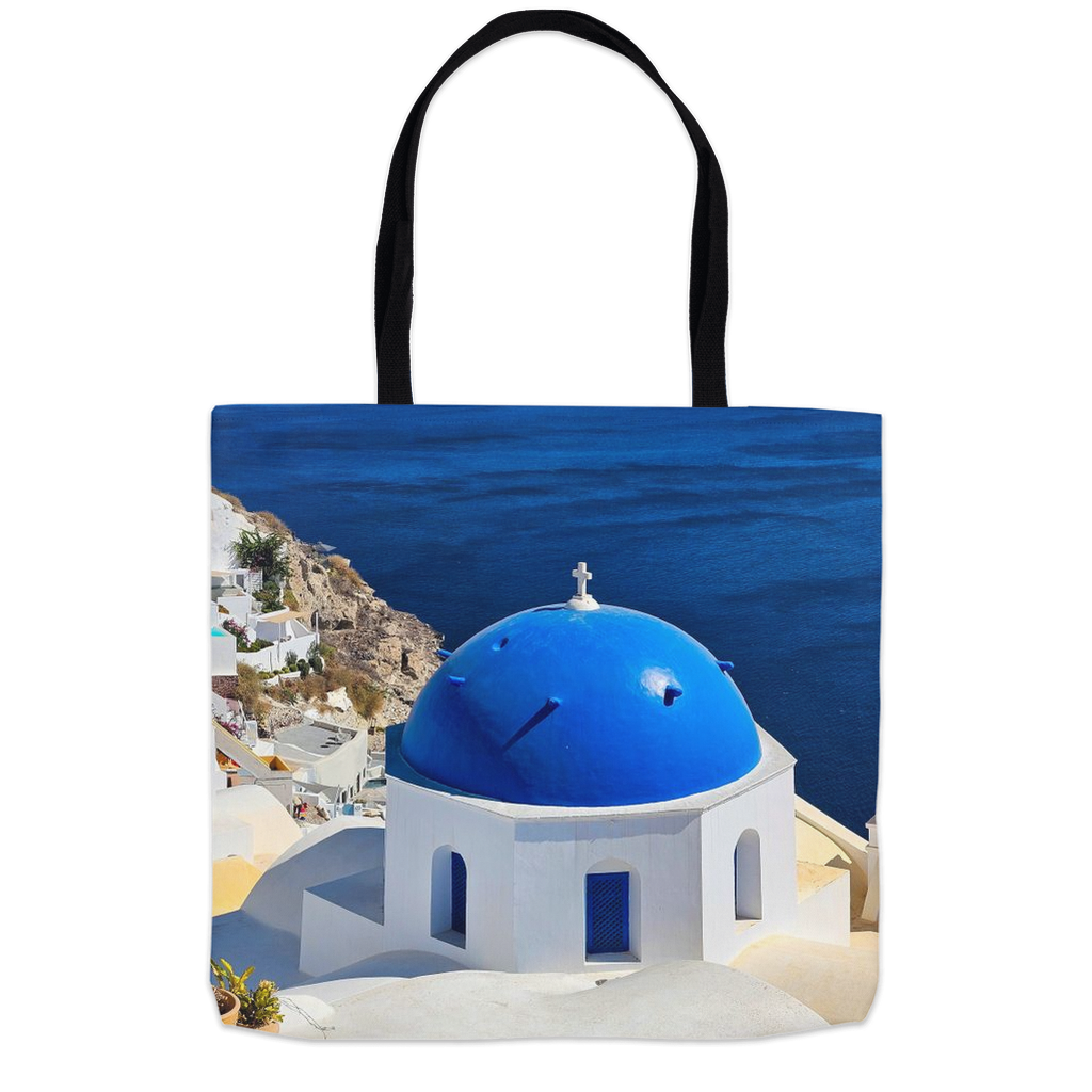 Santorini Blue Domes tote bag by Sam Gilliss Visual Arts featuring a double-stitched cotton design with Oia Greece print.