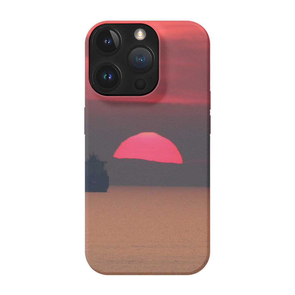Premium cell phone case featuring a ship at sunset over Corsica's Mediterranean coast by Sam Gilliss Visual Arts.