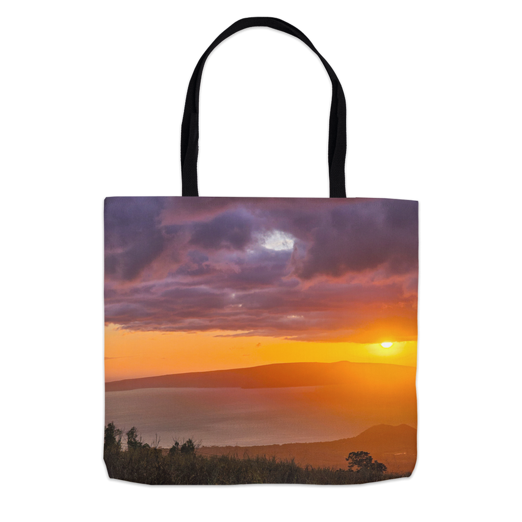 Hawaiian sunset tote bag featuring ocean scene by Sam Gilliss Visual Arts, perfect for everyday use and beach outings.