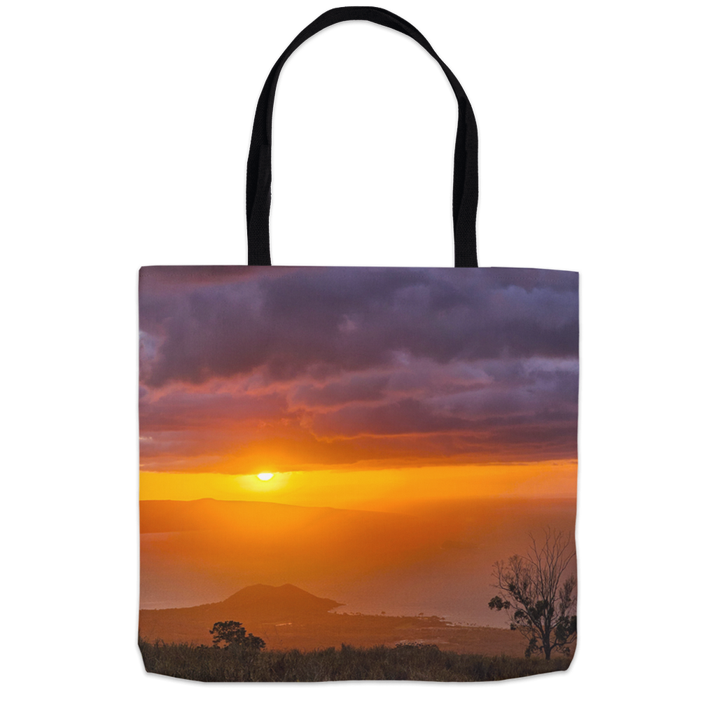 Hawaiian paradise tote bag featuring Keokea sunset over the ocean, designed by Sam Gilliss Visual Arts, with vibrant sunset and ocean imagery.