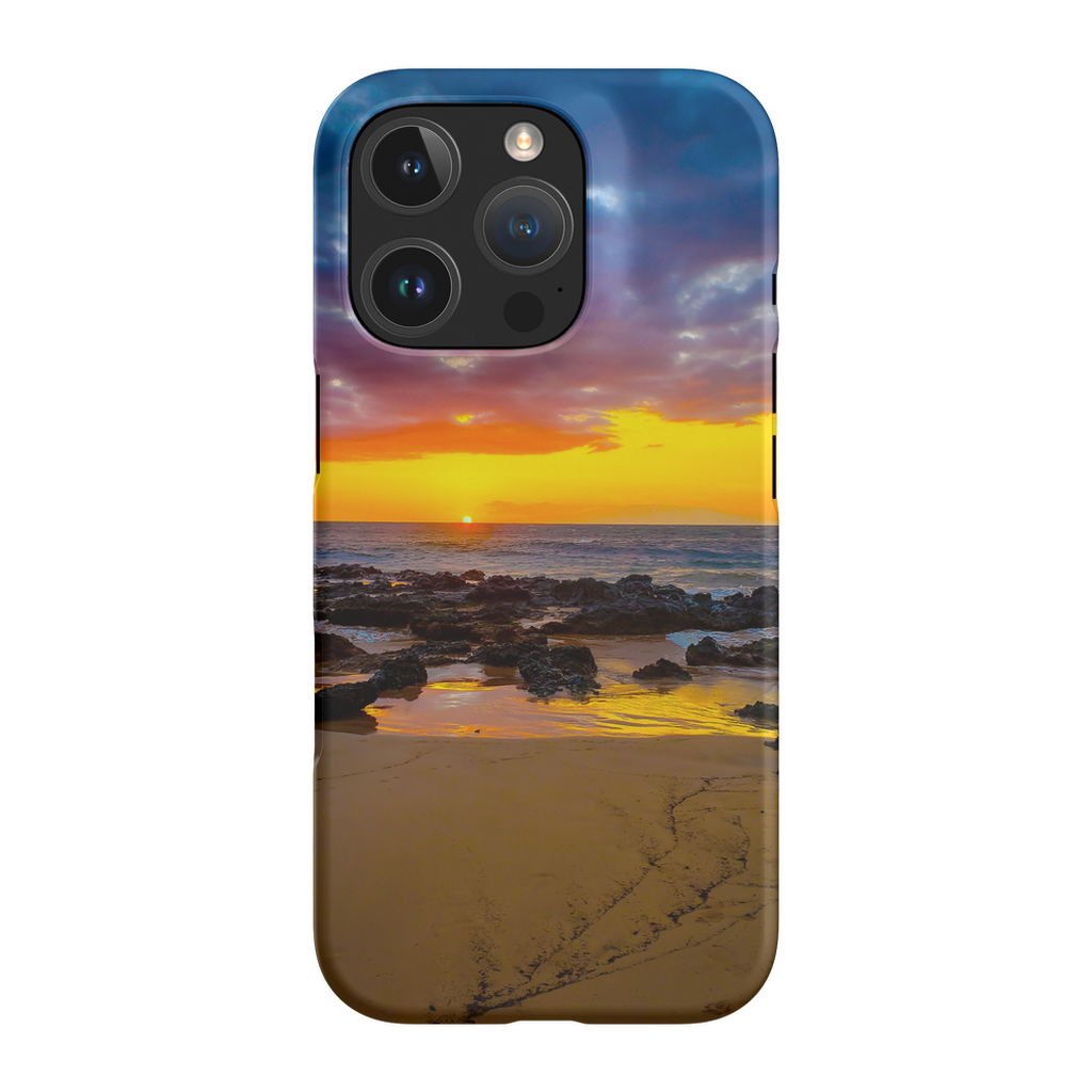 Sam Gilliss Maui Sunset premium cell phone case featuring a Hawaiian island sunset in warm golden hues.
