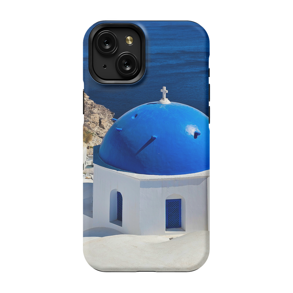 Blue domes of Oia Santorini cell phone case featuring iconic Greek island architecture by Sam Gilliss Visual Arts.