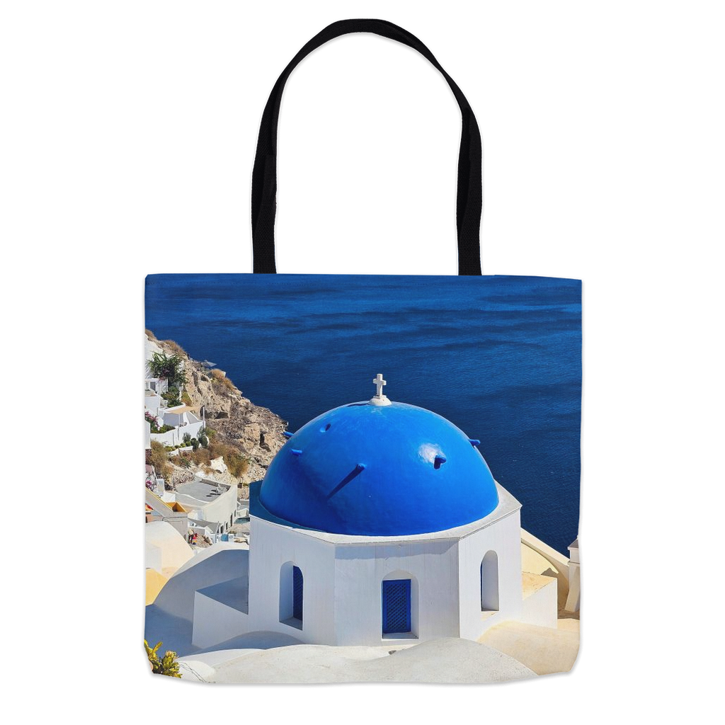 Santorini Blue Domes tote bag by Sam Gilliss Visual Arts, double-stitched cotton with immersive Oia Greece print.