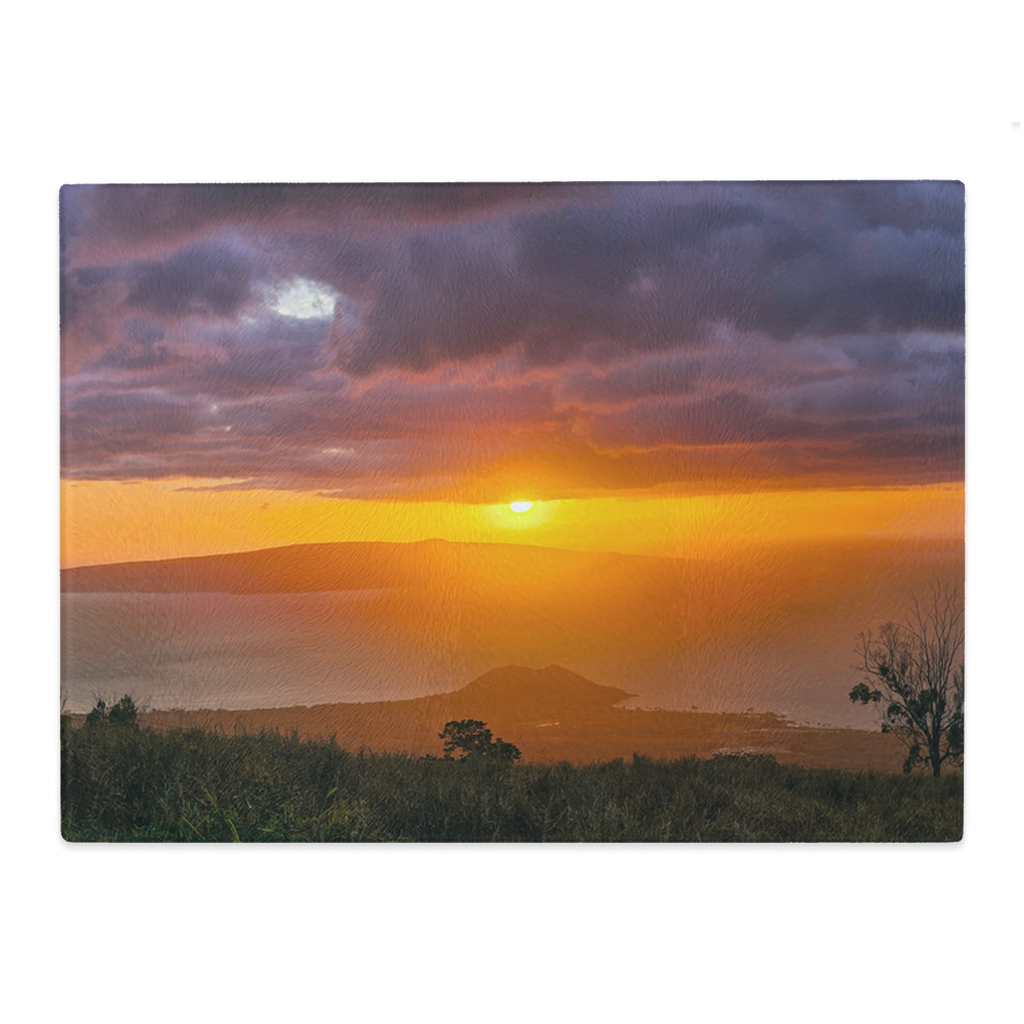 Sam Gilliss Visual Arts Keokea Sunset over the Ocean tempered glass cutting board and elegant placemat with vibrant ocean sunset design