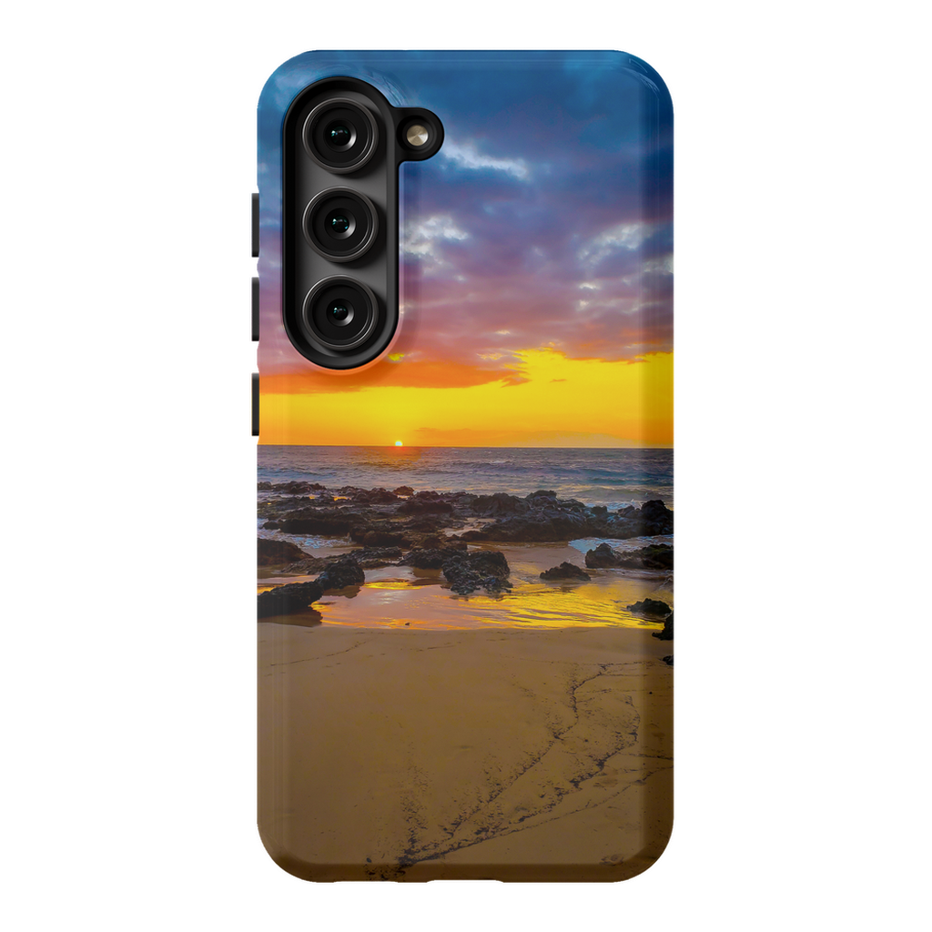 Sam Gilliss Maui Sunset cell phone case featuring a Hawaiian island sunset with golden hour hues and tropical scenery.