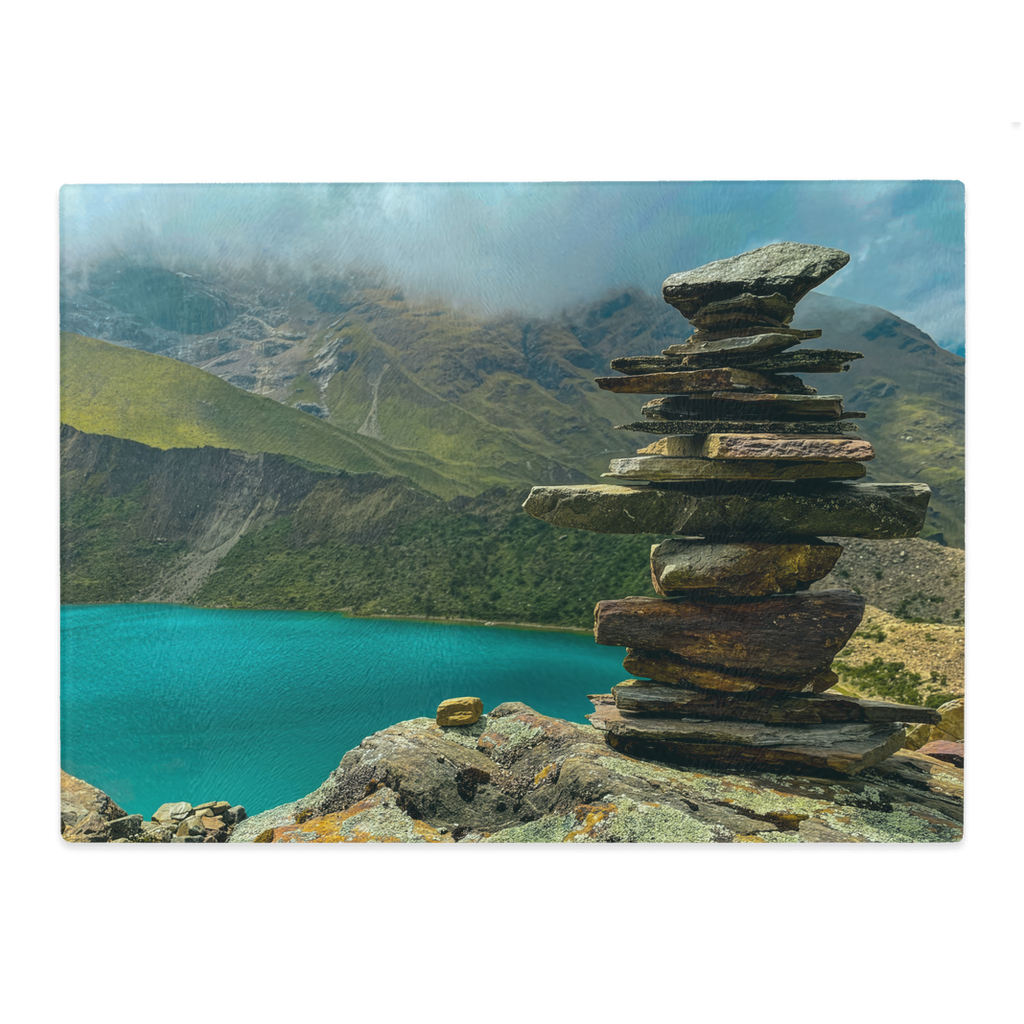 Humantay Lake Peru themed tempered glass cutting board and elegant placemat with vibrant mountain and lake landscape design.