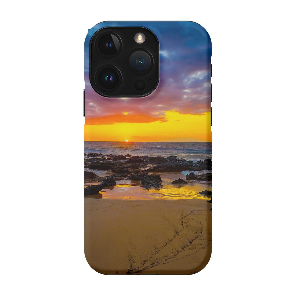 Sam Gilliss Maui Sunset premium cell phone case featuring a Hawaiian island sunset with golden hour colors and tropical design.