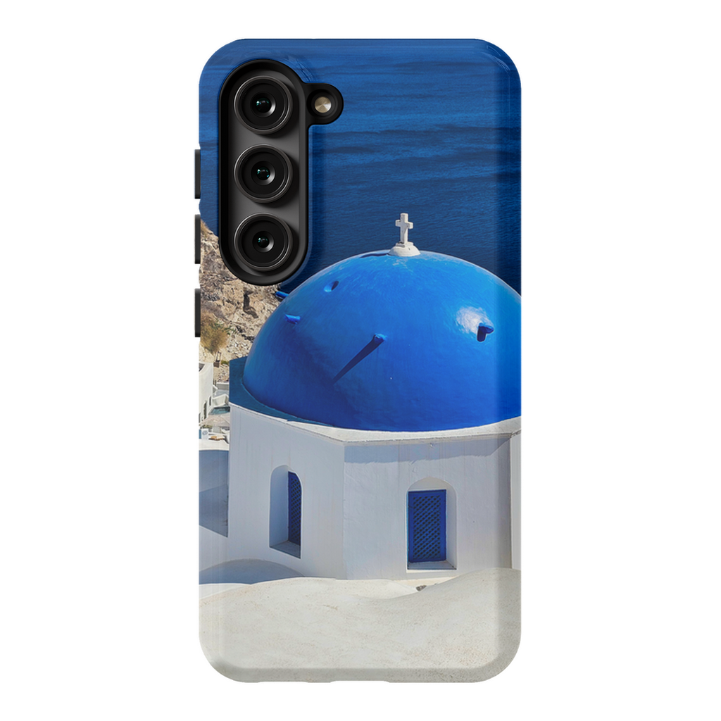 Blue domes of Oia Santorini on a Sam Gilliss Visual Arts cell phone case featuring Greece-inspired artwork.