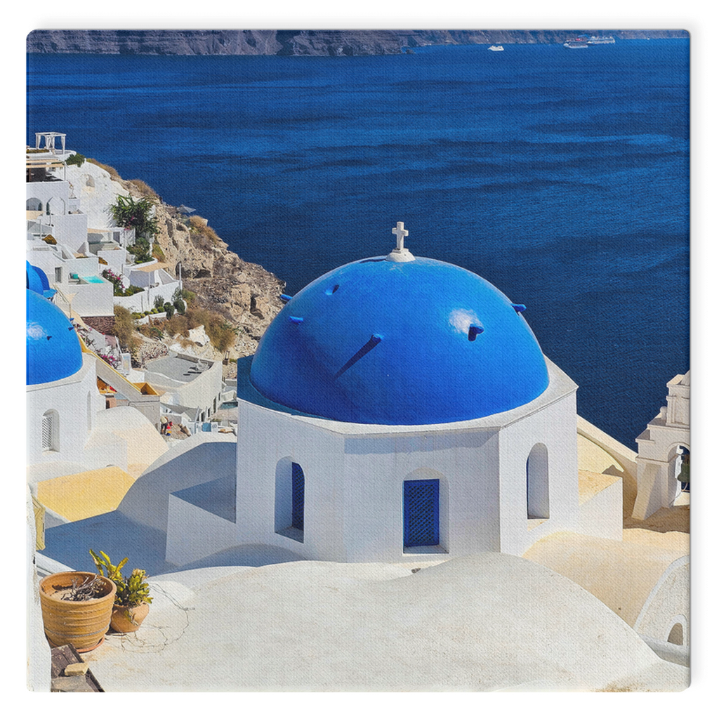 Santorini Blue Domes canvas wall art by Sam Gilliss Visual Arts, featuring iconic Oia, Greece, Mediterranean coastal scenery.