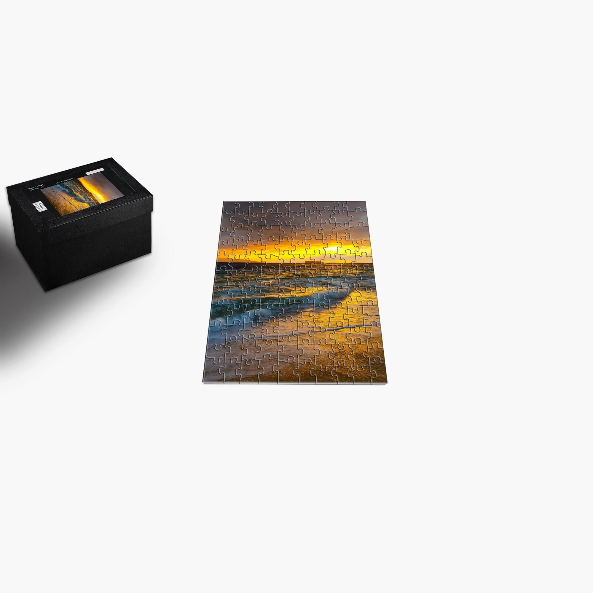 Sam Gilliss Visual Arts Makena Beach Sunset Puzzle featuring Molokini Crater after the storm, 110-piece premium Hawaiian coastal jigsaw puzzle.