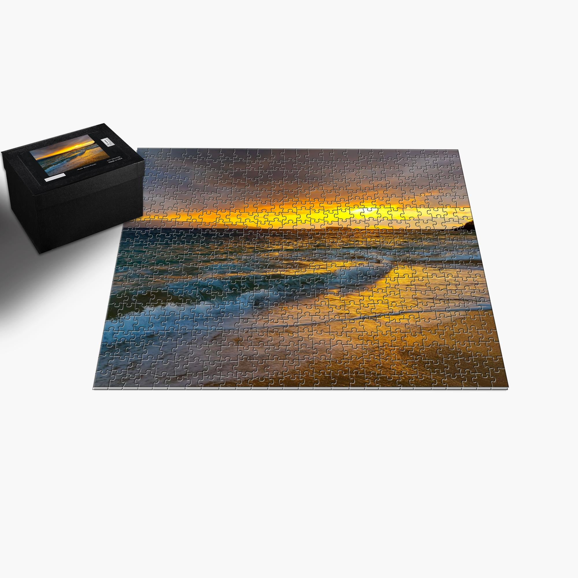 Sam Gilliss Visual Arts Makena Beach Sunset Puzzle featuring Molokini Crater after the storm, 110-piece coastal Hawaiian jigsaw puzzle.
