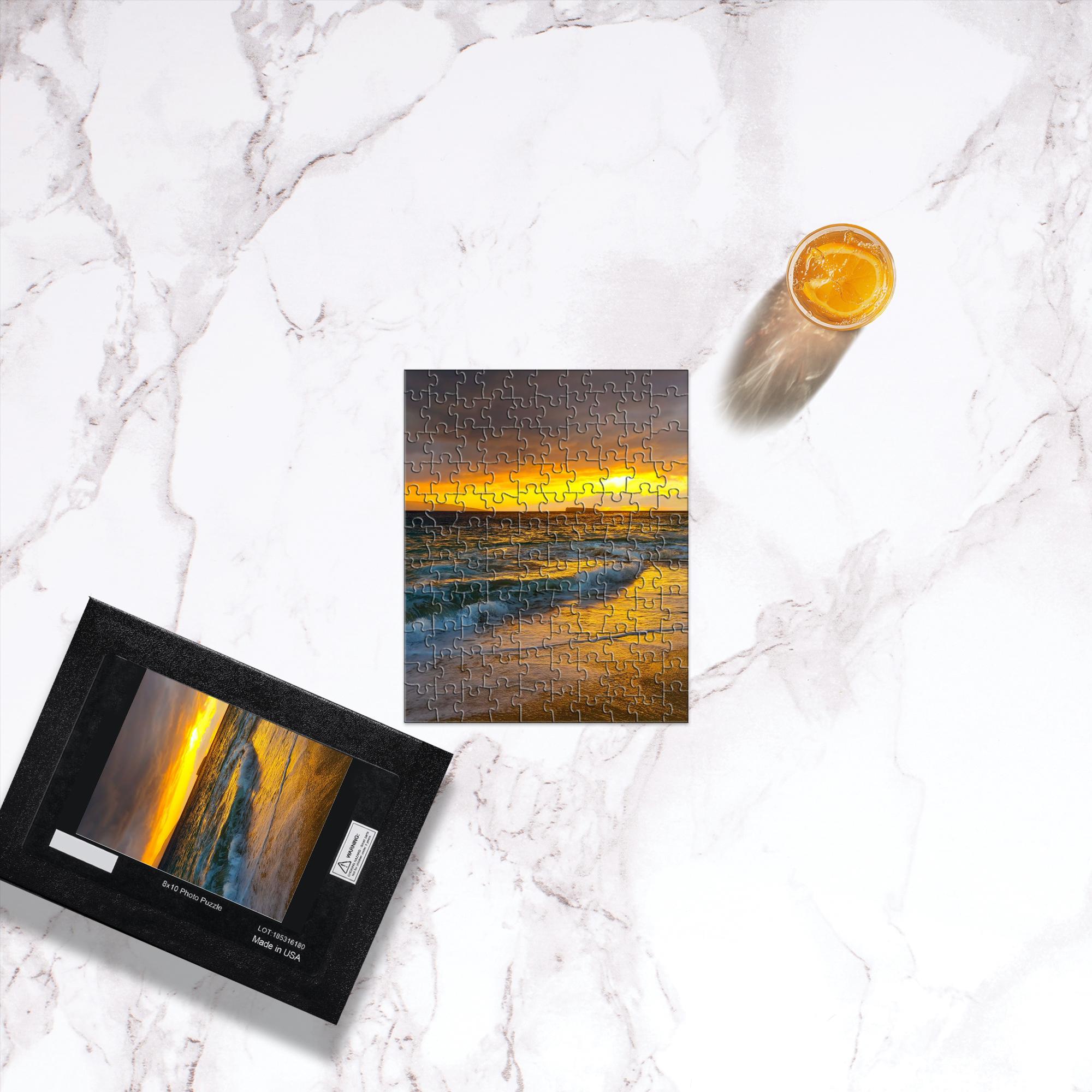 Makena Beach Sunset Puzzle by Sam Gilliss Visual Arts showing Molokini Crater after the storm, 110-piece premium Hawaiian coastal jigsaw puzzle