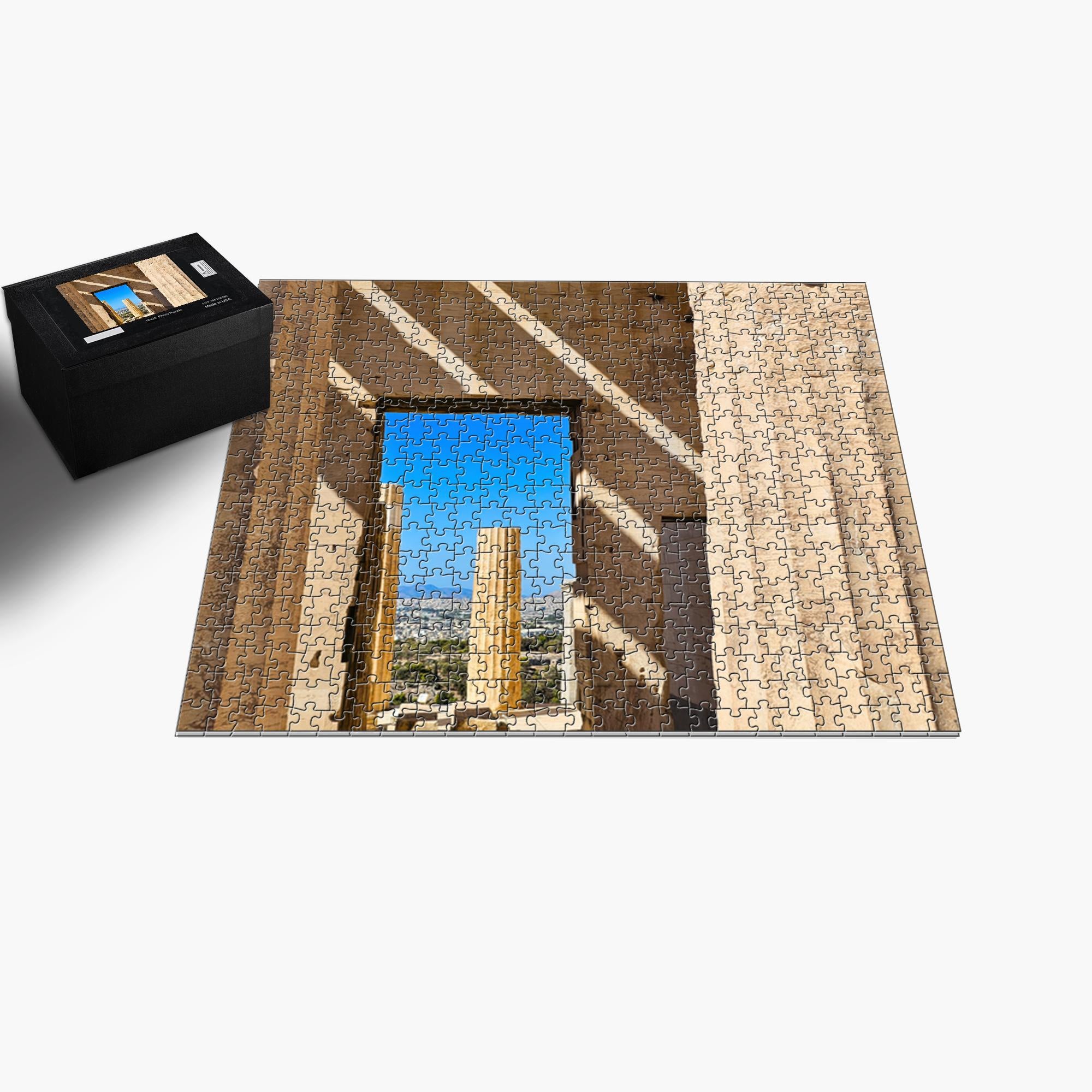 Sam Gilliss Visual Arts puzzle featuring the Propylaea at the Acropolis in Athens Greece, with detailed classical architecture in a 1000-piece jigsaw.