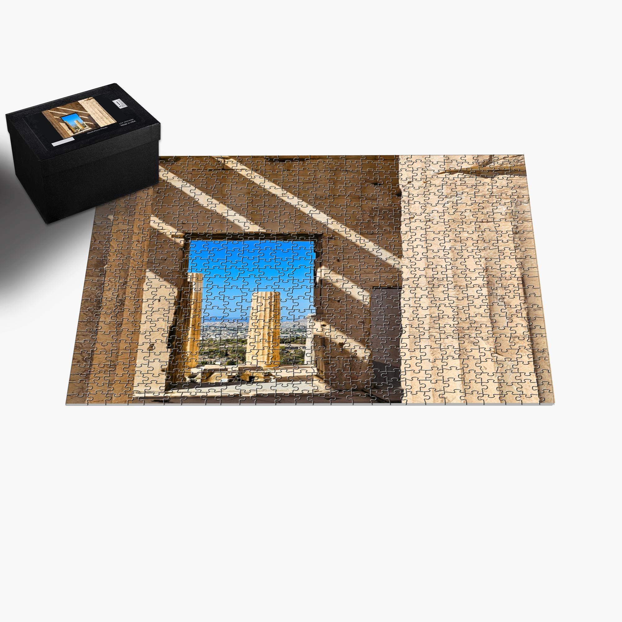 Sam Gilliss Visual Arts puzzle featuring the Propylaea at the Acropolis, Athens Greece, with classical Greek architectural details.