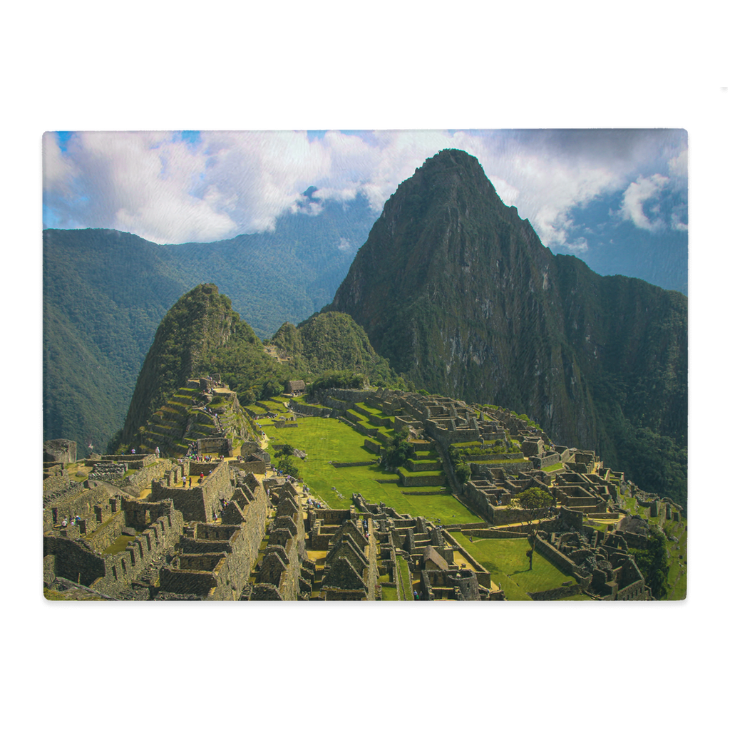 Tempered glass cutting board and placemat featuring Machu Picchu and Incan Empire design by Sam Gilliss Visual Arts.