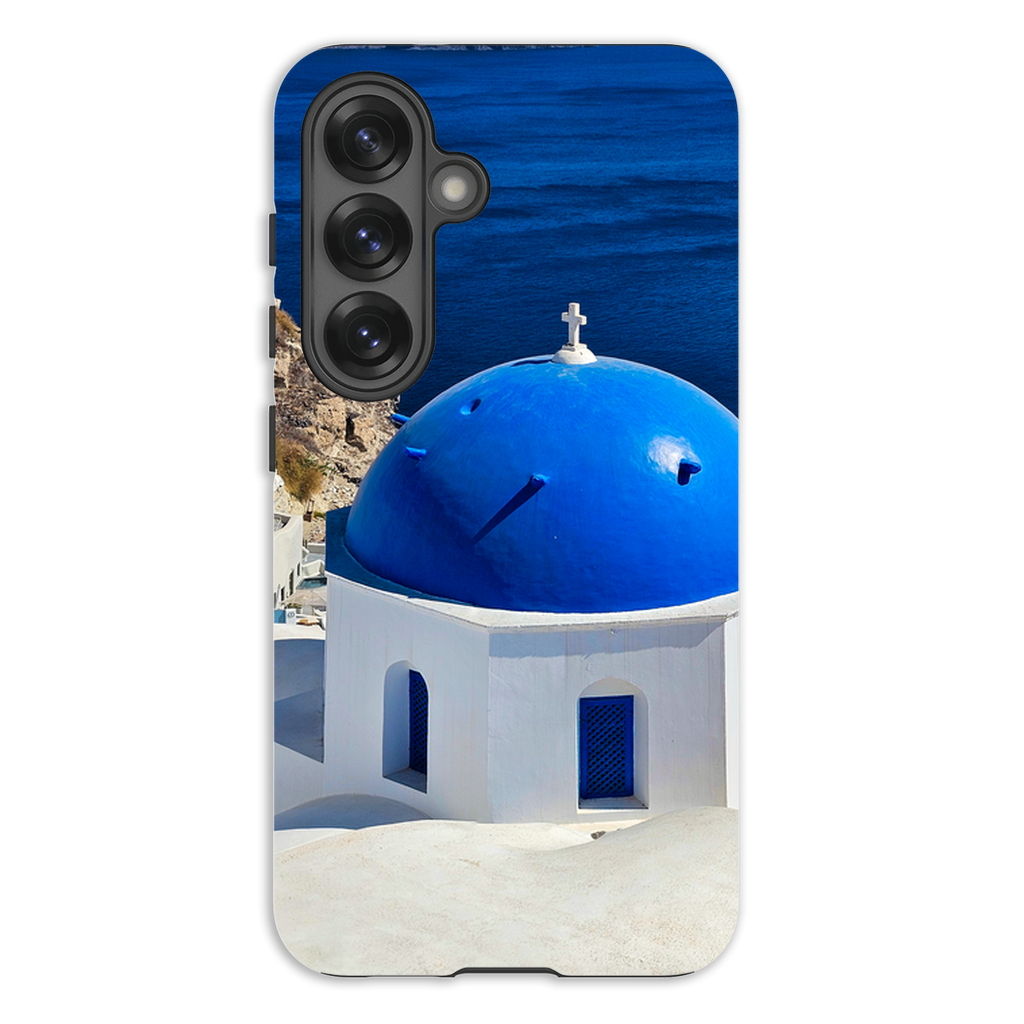 Blue Domes of Oia Santorini cell phone case featuring vibrant Greek island scene, by Sam Gilliss Visual Arts, designed for smartphones.