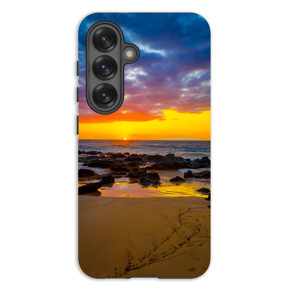 Sam Gilliss Visual Arts Maui Sunset premium cell phone case featuring Hawaiian island sunset with warm golden hour colors and island scenery.