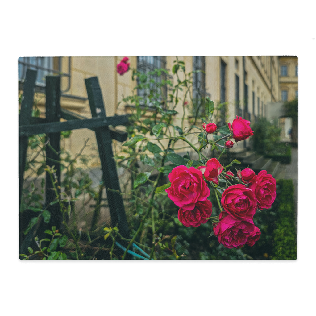 Sam Gilliss Visual Arts Rosengarten of Bamberg tempered glass cutting board and elegant placemat with floral design on a table surface
