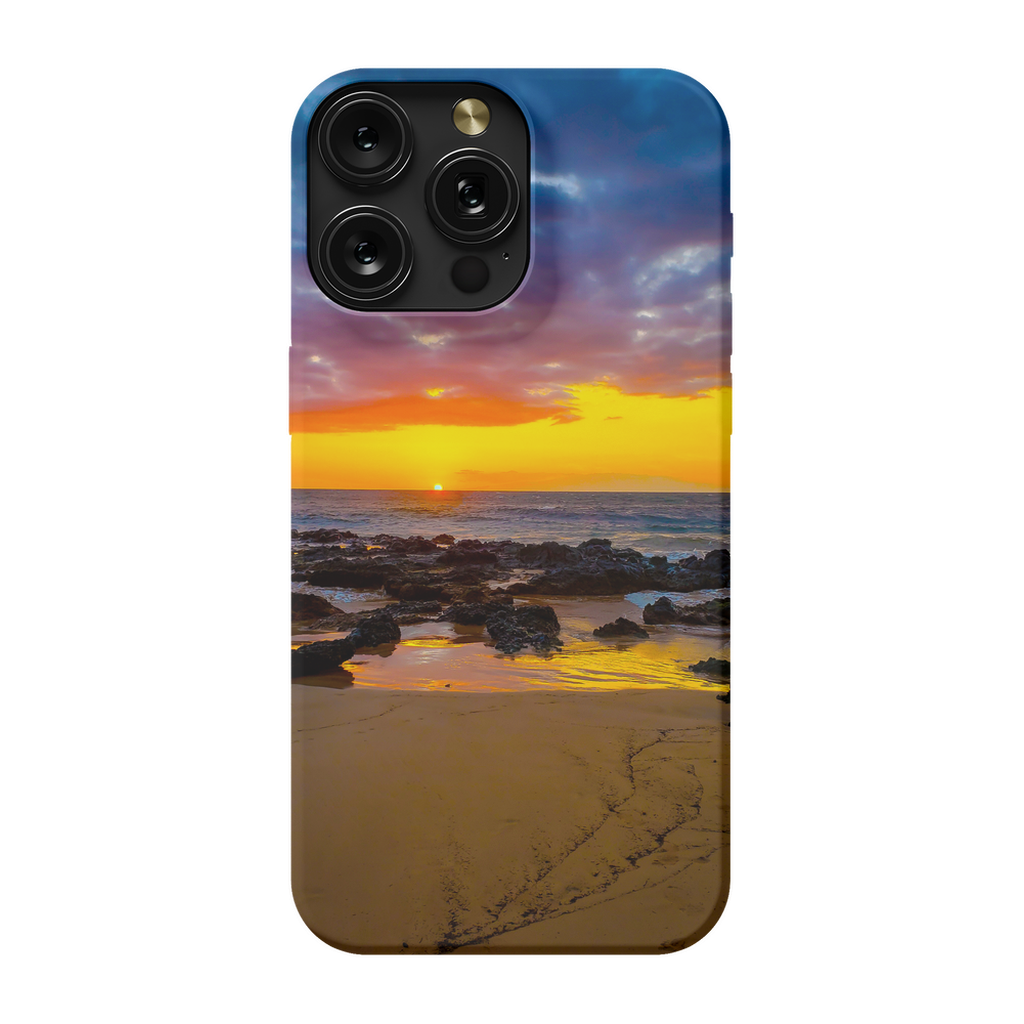 Sam Gilliss Maui Sunset cell phone case featuring Hawaiian island and golden hour sunset design, premium protective phone cover.
