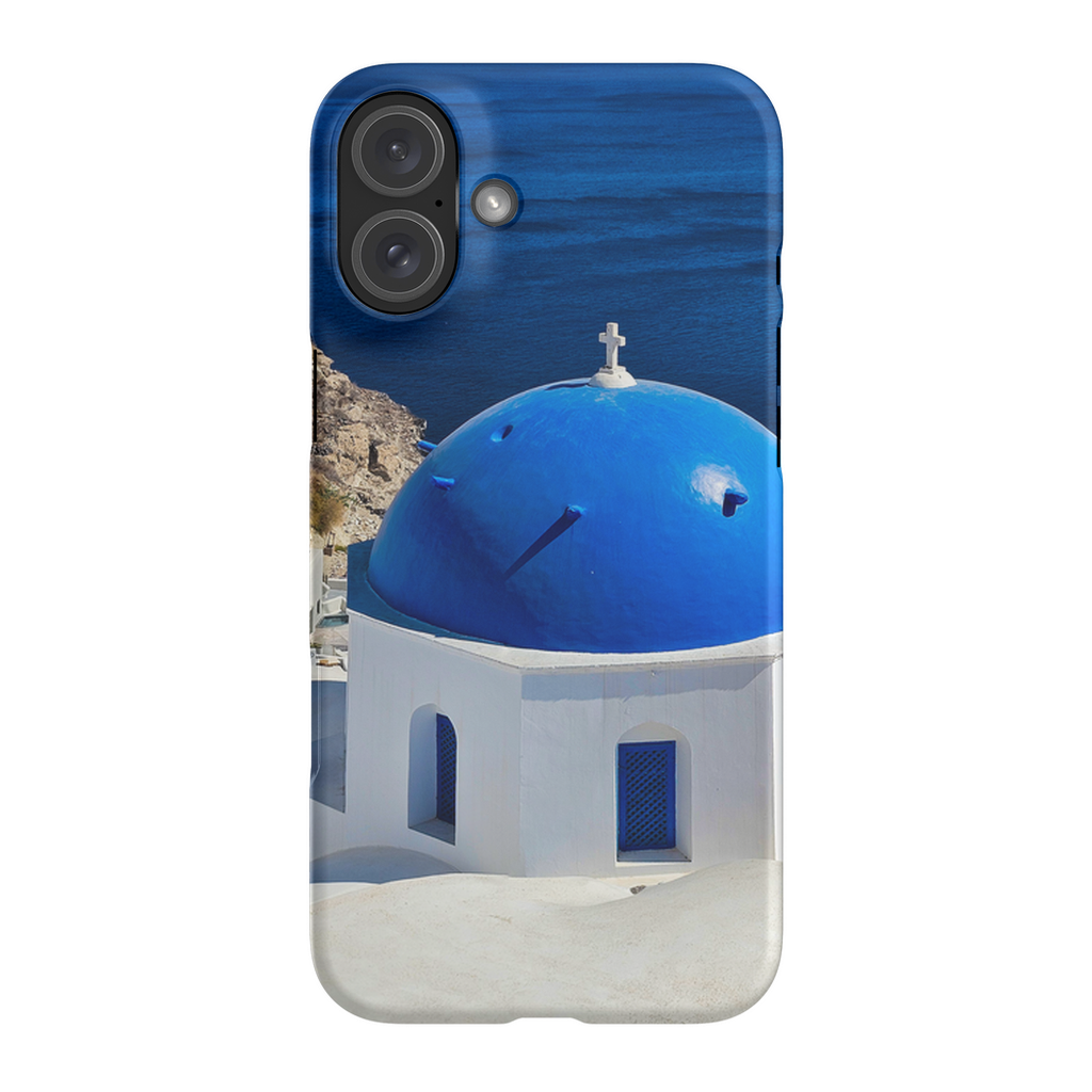 Blue Domes of Oia Santorini cell phone case featuring vibrant Greek island architecture, designed by Sam Gilliss Visual Arts.