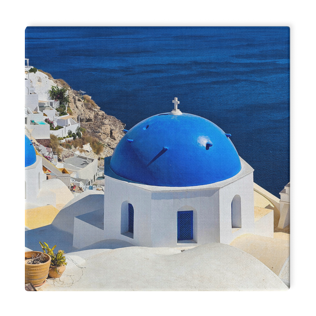 Santorini Blue Domes canvas wall art by Sam Gilliss Visual Arts showing iconic blue-domed churches in Oia, Greece.