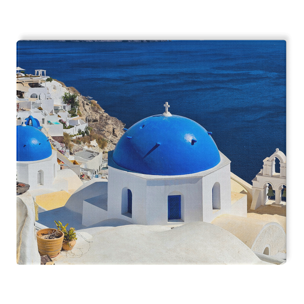 Santorini Blue Domes canvas wall art by Sam Gilliss Visual Arts showing Oia's iconic blue-domed buildings in Greece.