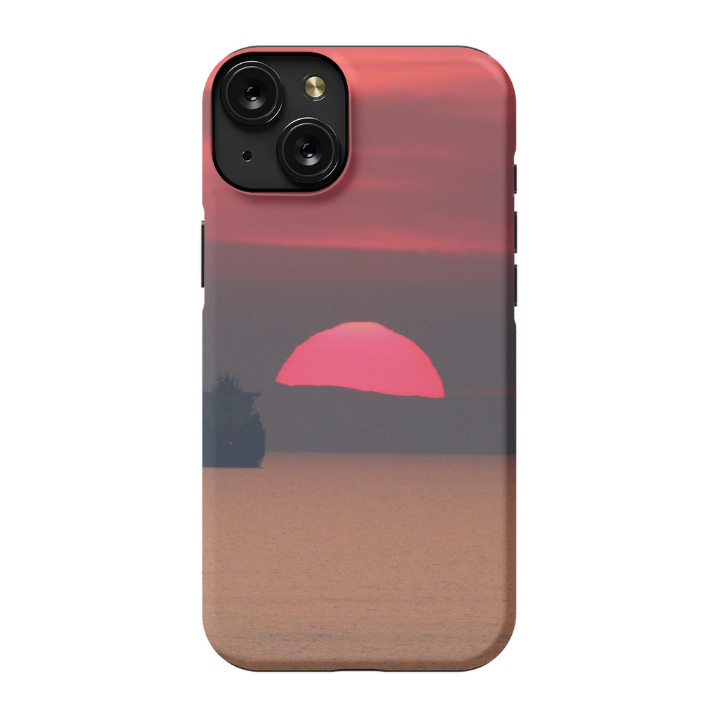 Premium cell phone case with artwork of a ship at sunset along the Corsica Mediterranean coast by Sam Gilliss Visual Arts.