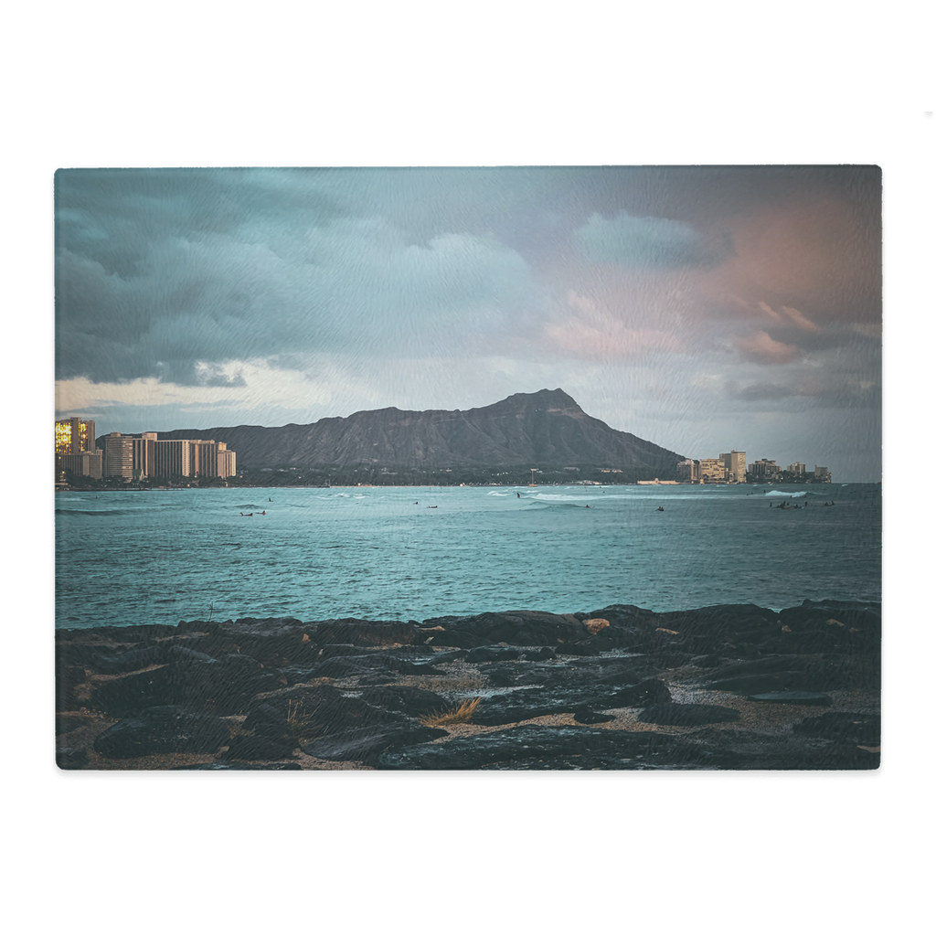 Diamond Head Honolulu tempered glass cutting board and elegant placemat featuring a colorful Hawaii landscape design by Sam Gilliss Visual Arts
