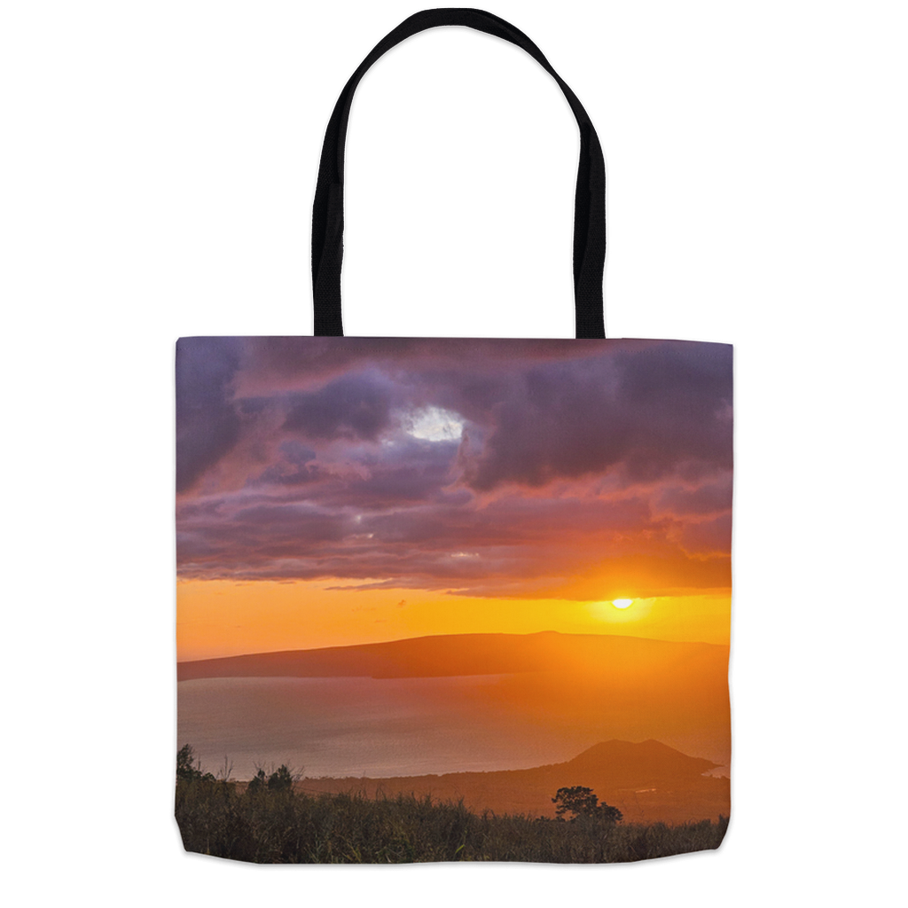 Hawaiian Paradise tote bag featuring Keokea Sunset Over the Ocean artwork by Sam Gilliss, showcasing vibrant sunset and ocean scene.