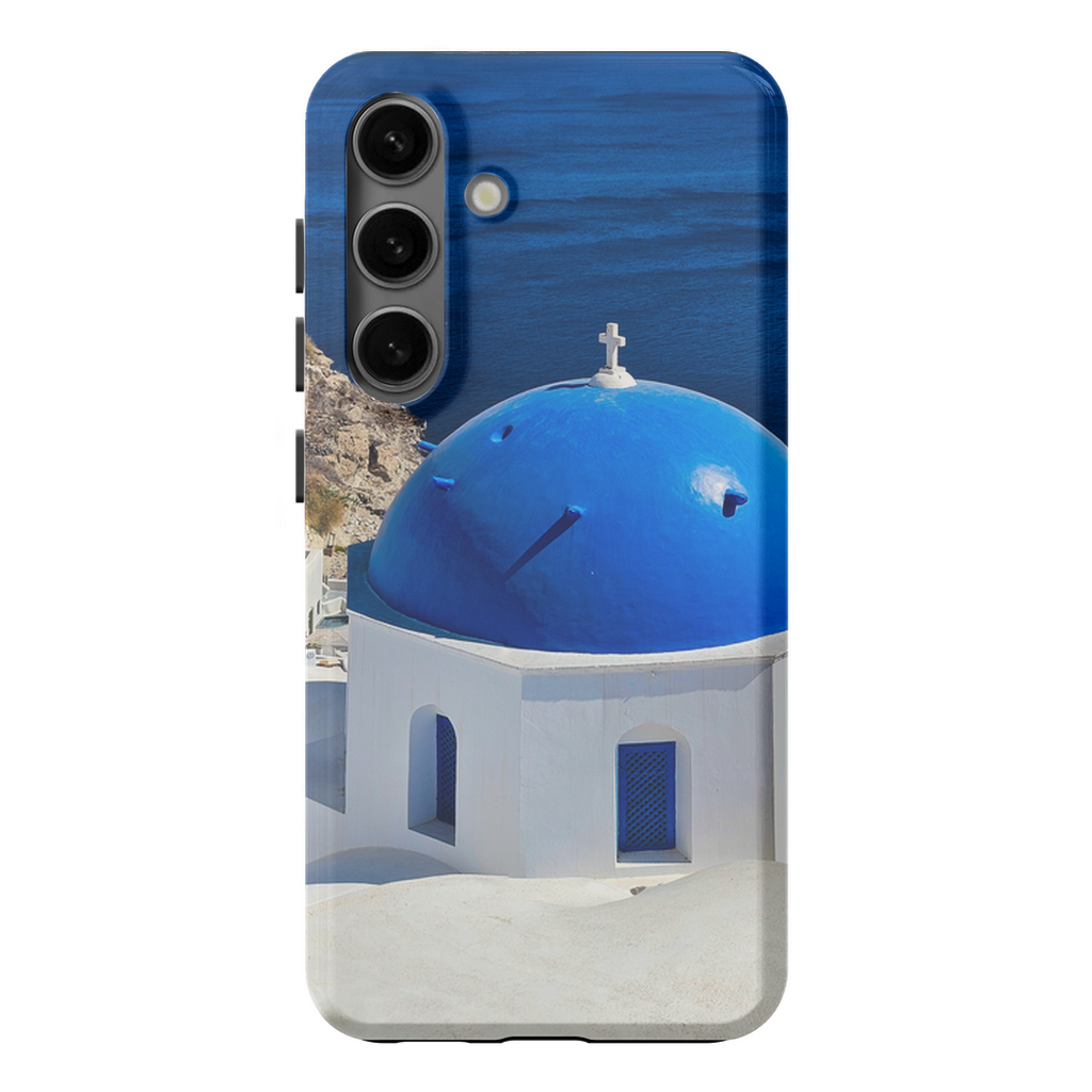Blue Domes of Oia Santorini cell phone case featuring vibrant Greek scenery in a design by Sam Gilliss Visual Arts.