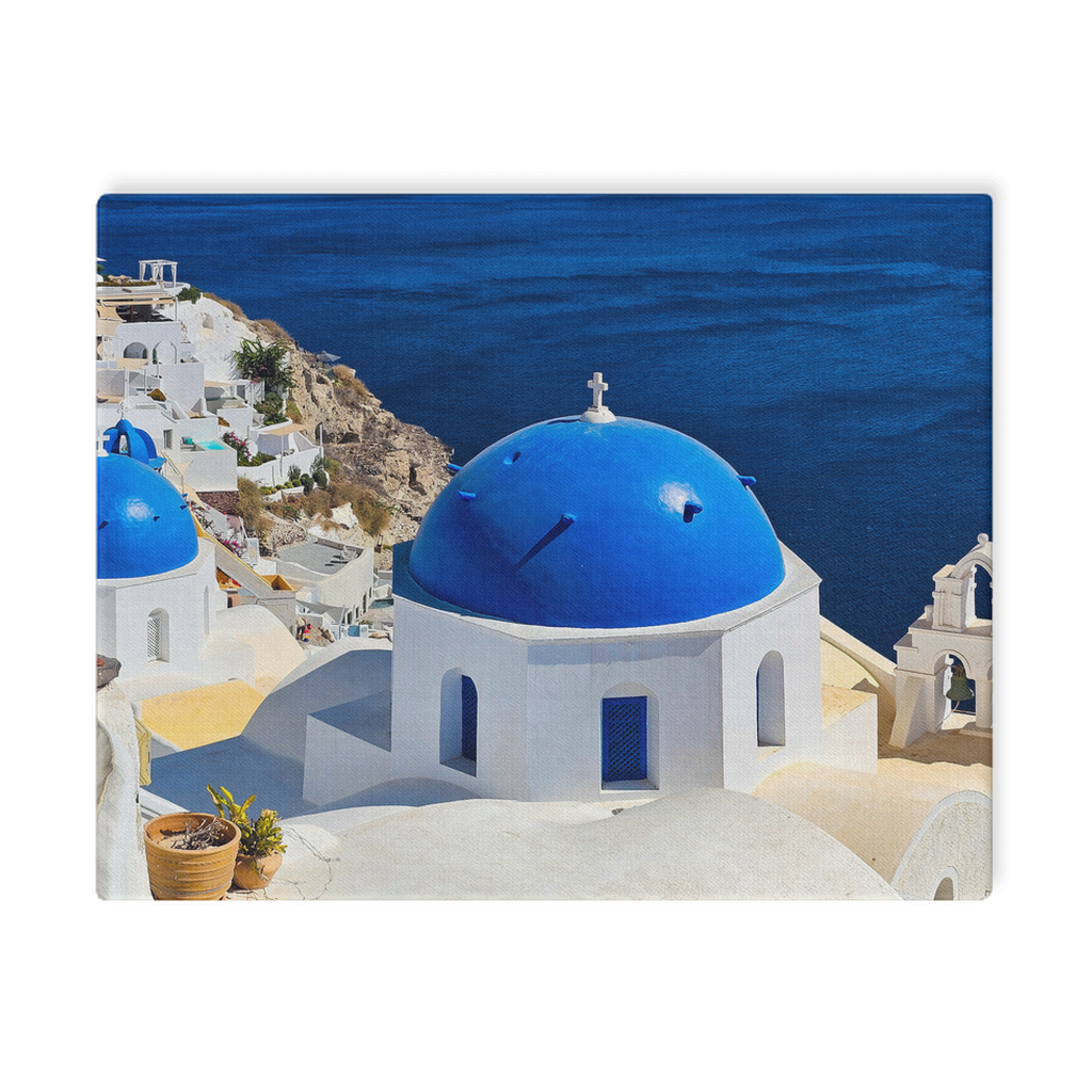 Santorini Blue Domes canvas wall art by Sam Gilliss Visual Arts showing iconic blue-domed churches in Oia, Greece.